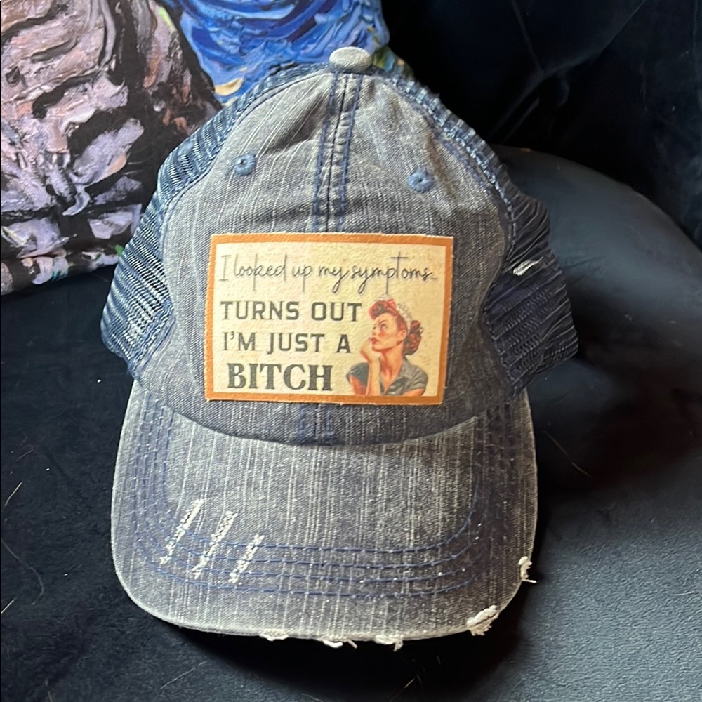 NWOT Distressed Blue Trucker Hat with Patch, Velcro closure